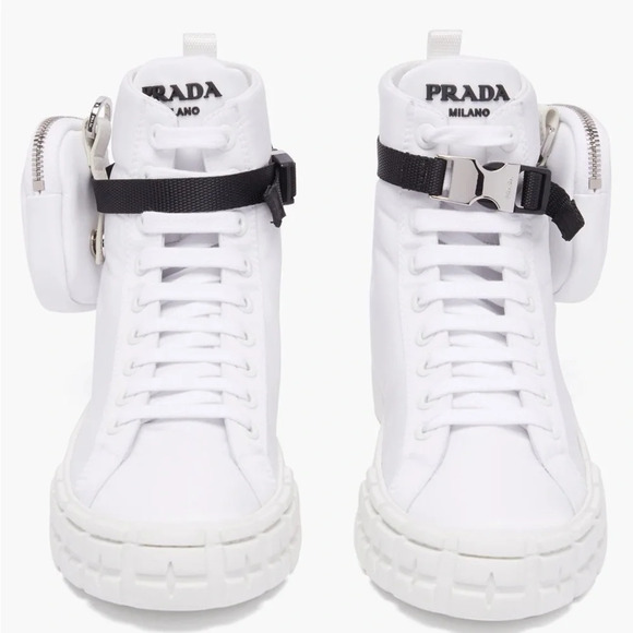 Authentic Prada Wheel Zipped-Pouch High Top Re-Nylon Trainers in White - Picture 3 of 12